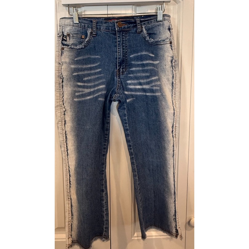 Crest Jeans Women's Cropped Straight Leg Raw Hem Distressed Y2K Casual Blue Jean